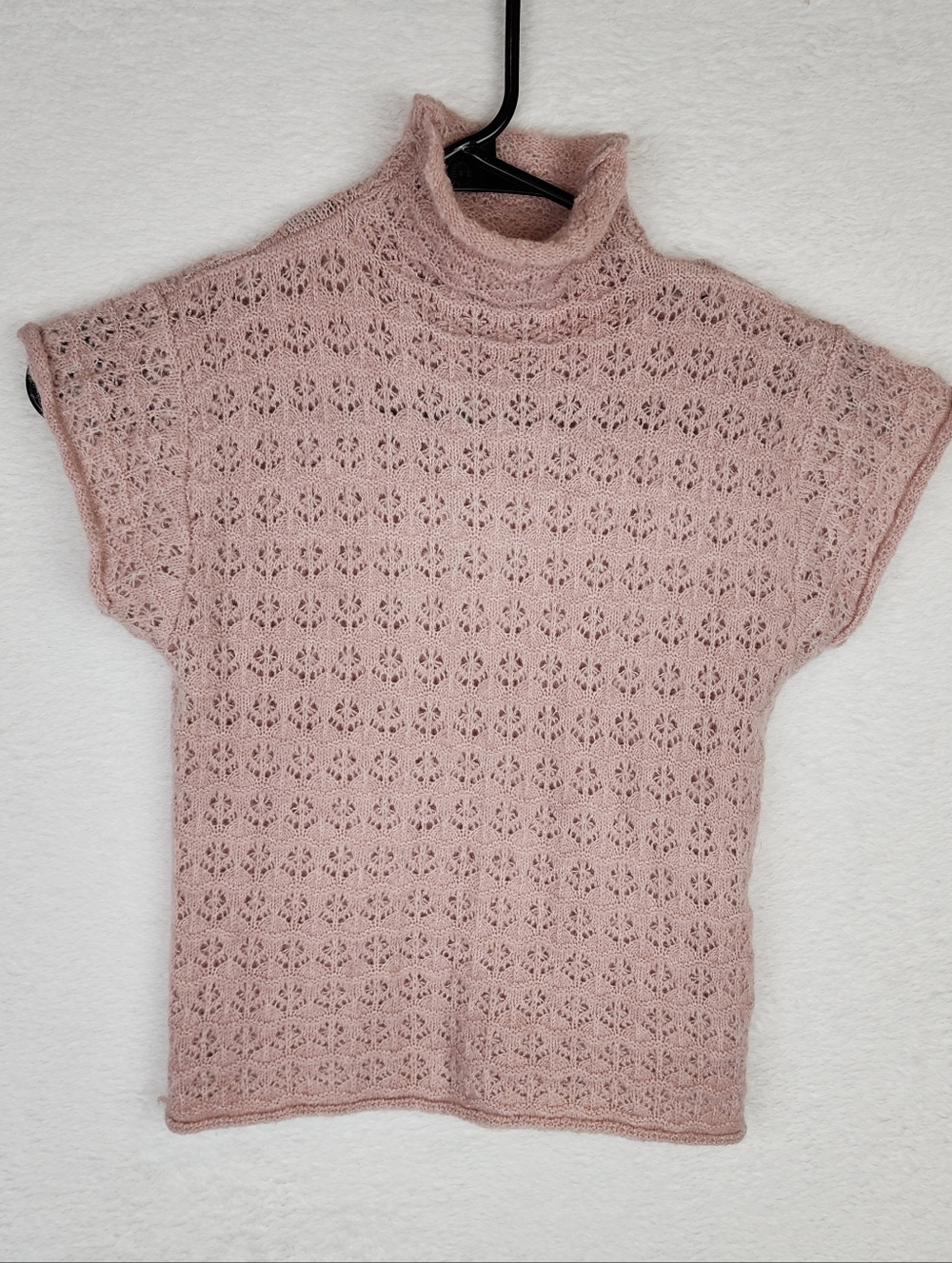 ZARA Pale Pink Pointelle Knit Mock Neck Cropped Sweater Top M